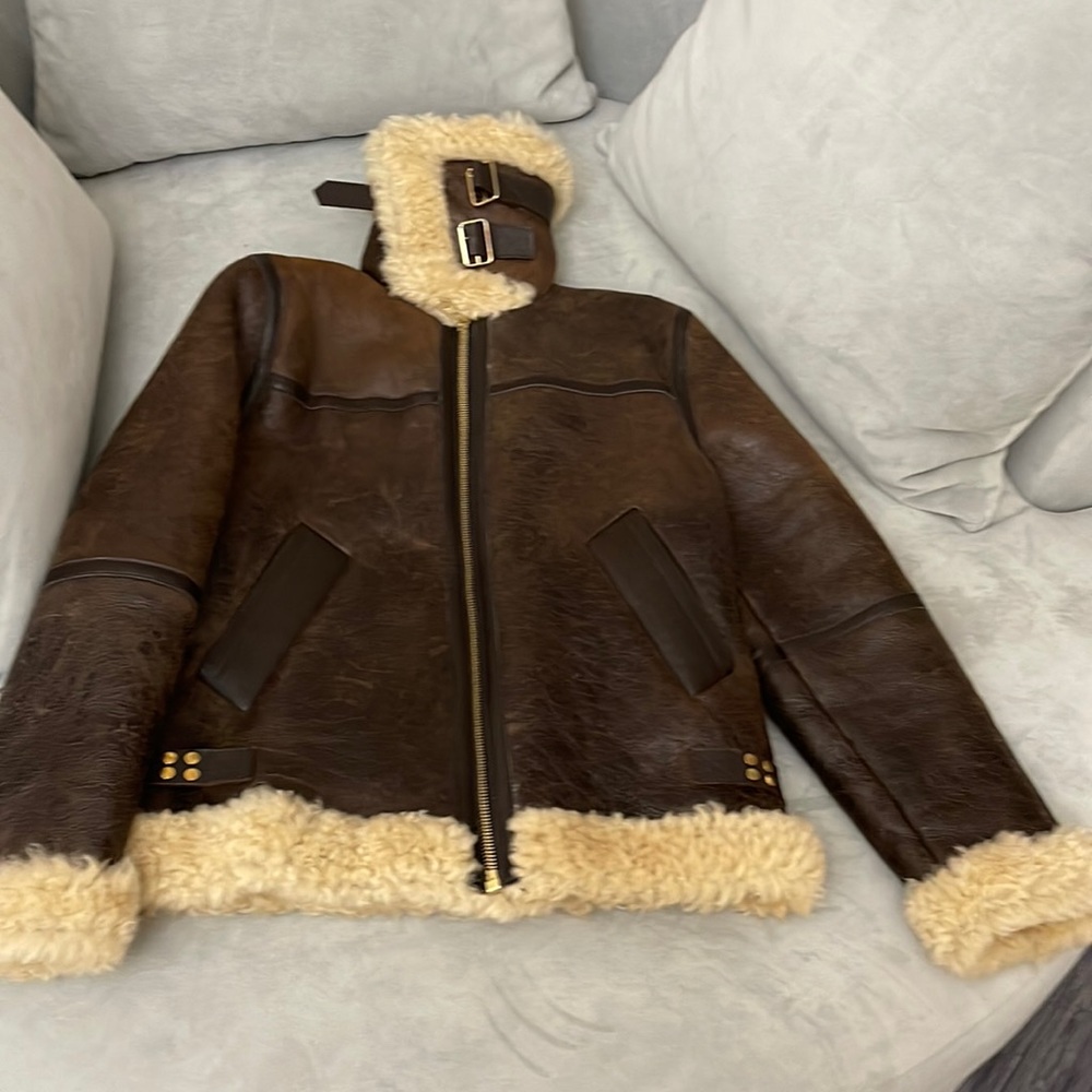 Sandro Marron Foncé Sheep Shearling-Trimmed Leather Jacket